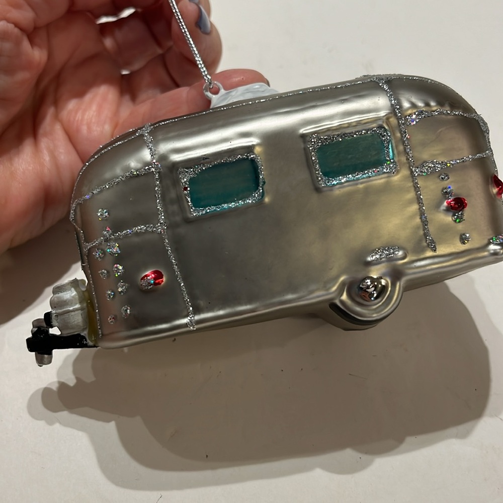 Air Stream Camper Christmas ornament, silver/gray 5” vacation trailer glass. - Picture 4 of 6